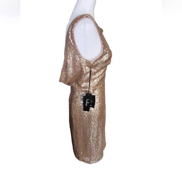 Lulus Champaign Gold Sequin Draped Back Mini Dress Size Large - Picture 4 of 6